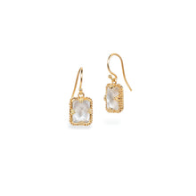 white topaz earrings with woven chain surround and granulated prongs