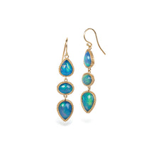triple drop Ethiopian opal earrings with woven chain surround and French wires.