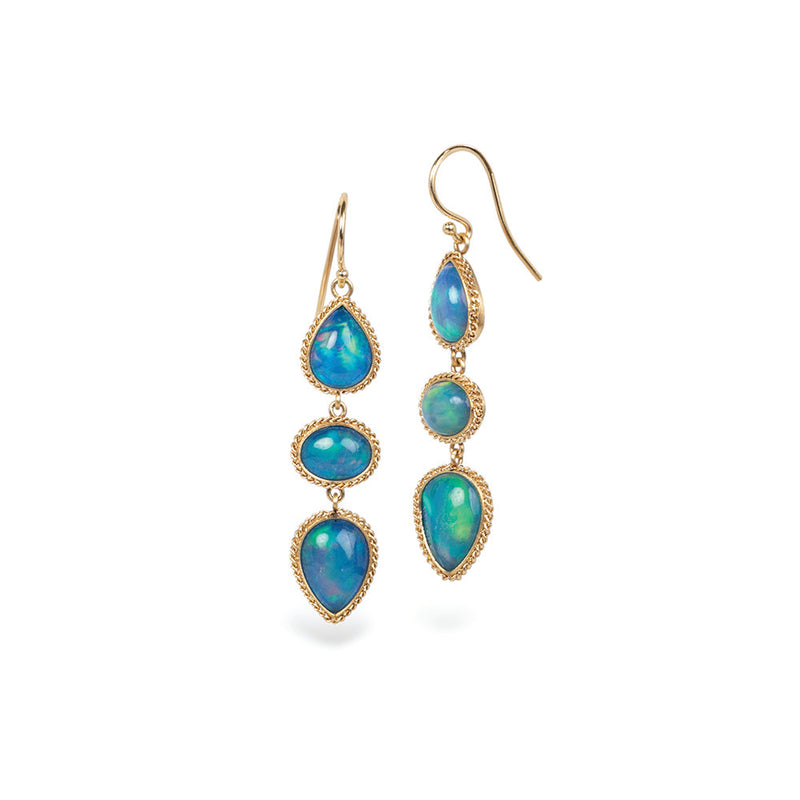 One-Of-A-Kind Triple Ethiopian Opal Drop Earrings with Woven Chain Surround