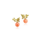 Hand-crafted 18k yellow gold birdie earrings with diamond eyes, 0.06 cttw and coral, on posts. Earrings are 16mm wide x 22 mm long. 