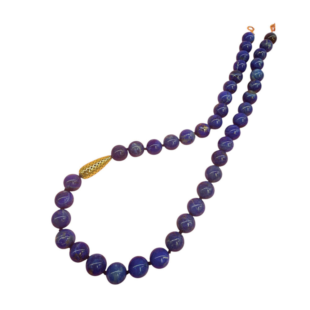 Beaded Tanzanite necklace, 10mm diameter, finished with an 18k yellow gold tapered crownwork link and small lilypad clasp. Necklace is 19" long.