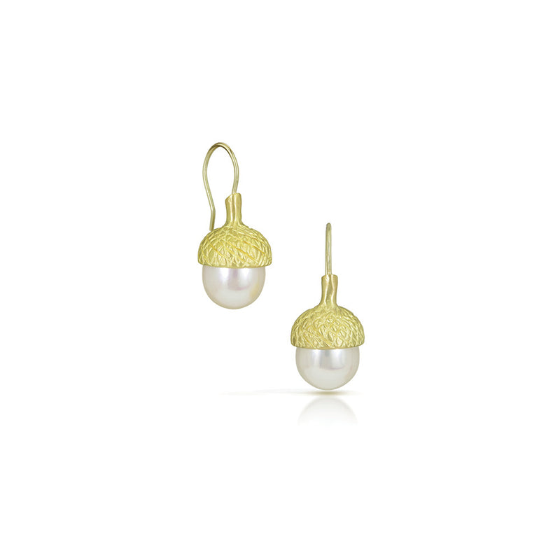 Acorn Earrings with South Sea Pearls in 18K Green Gold