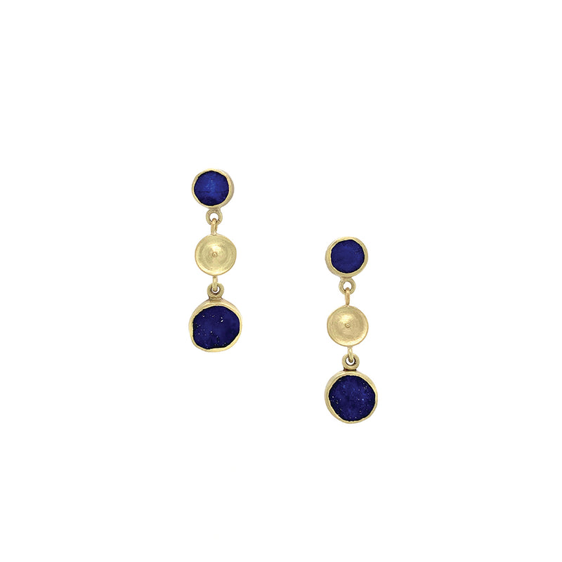 Temple Triple Drop Earrings with Lapis Lazuli in 18K and 14K Green Gold