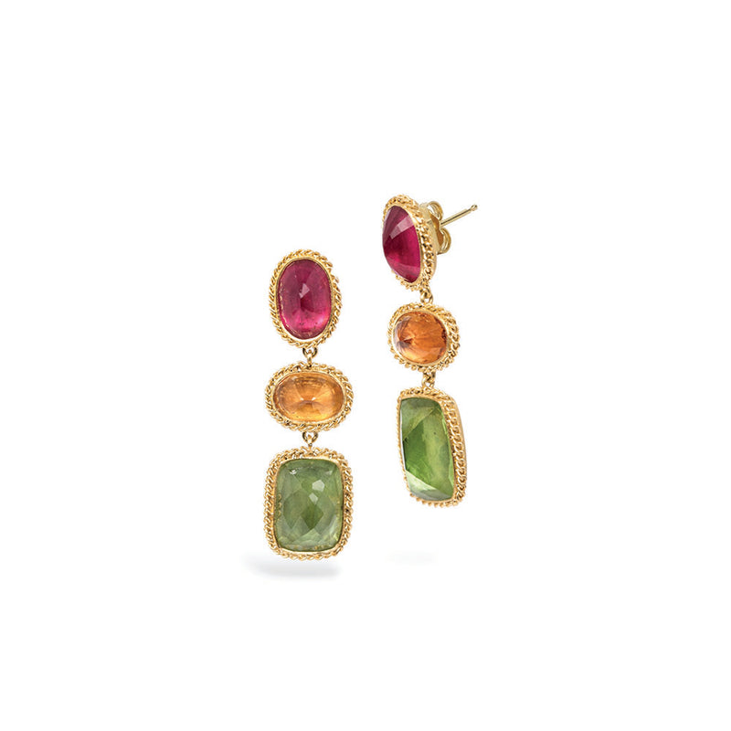 One-Of-A-Kind Triple Drop Earrings with Tourmaline, Spessartite Garnet and Peridot