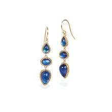 One-of-a-kind triple drop, blue-flash moonstone earrings, 8.05 cttw. Total length of earrings is 42mm and are 8mm wide including the 18k French wires.