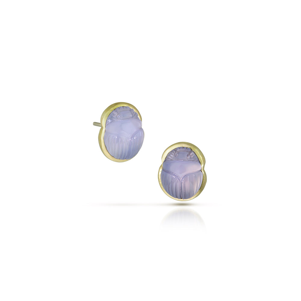 Chalcedony Scarab Stud Earrings in 14K and 18K Green Gold.