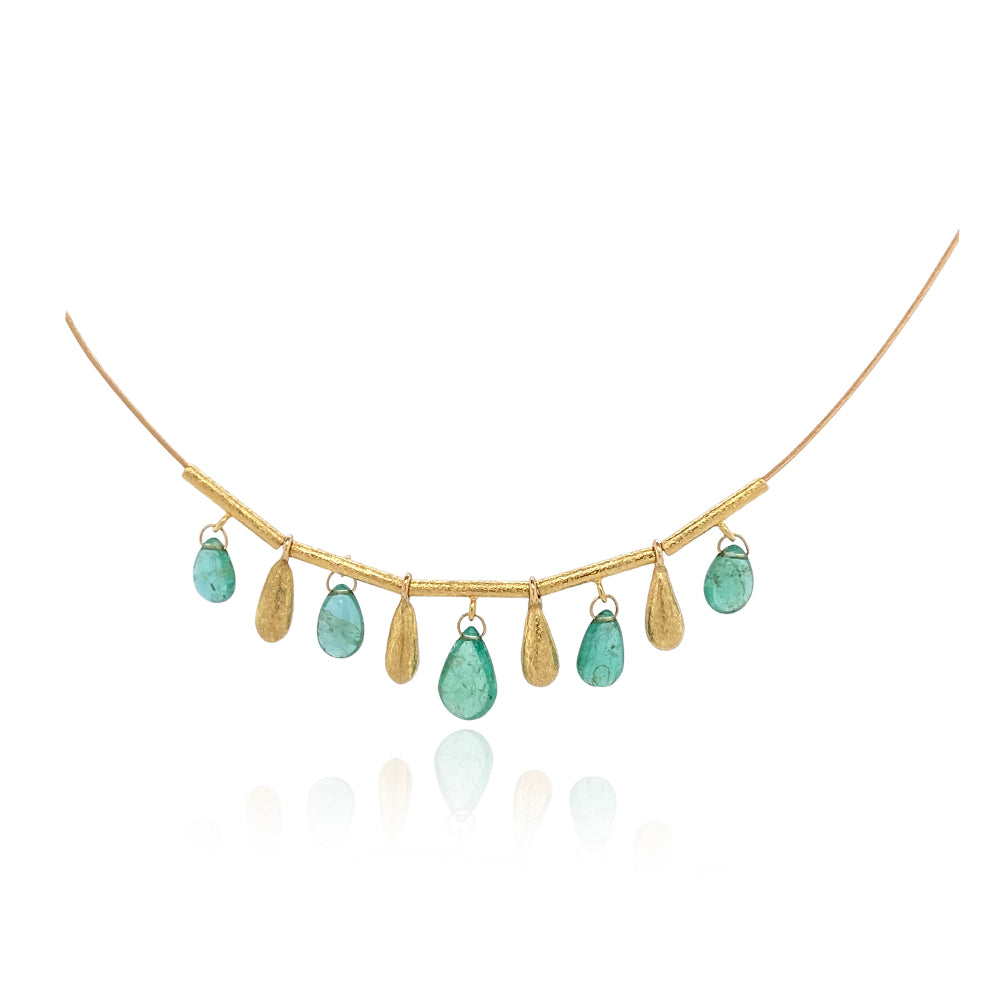 18K Gold Coil Necklace with Emerald Drops