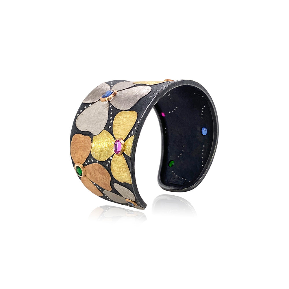 18K Yellow and Rose Gold, Platinum and Oxidized Sterling Cuff Bracelet with Diamonds and Rubies
