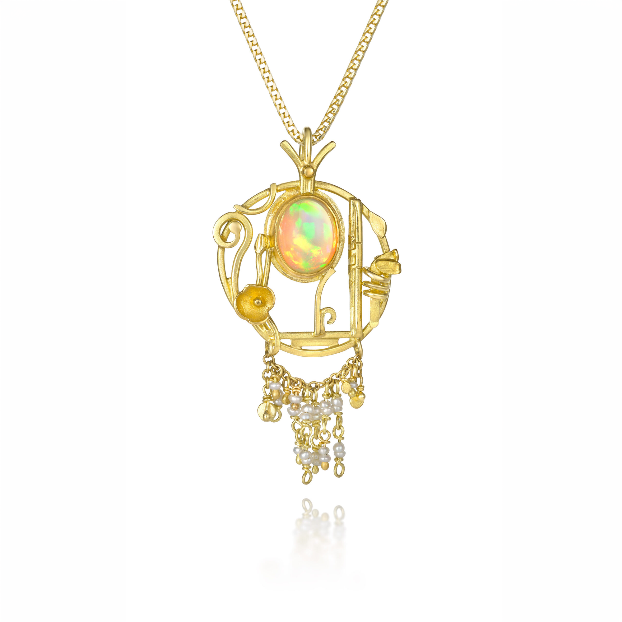 "First Light" Ethipian Opal and Antique Seed Pearl Pendant