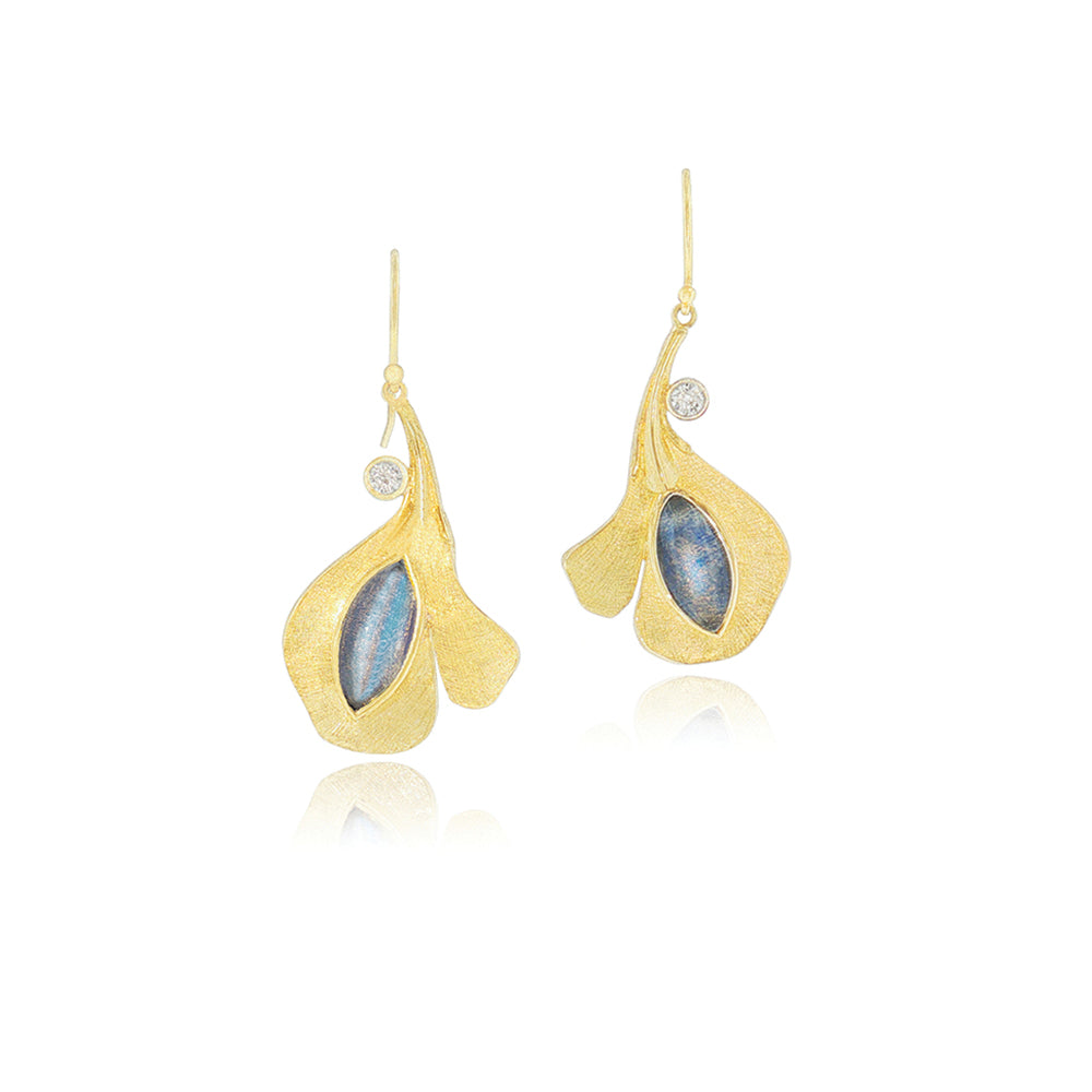 Blue Flash Leaf Earrings in 18k Yellow Gold
