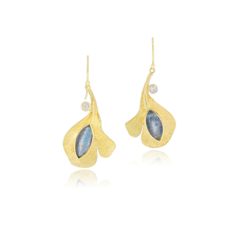 Blue Flash Leaf Earrings in 18k Yellow Gold