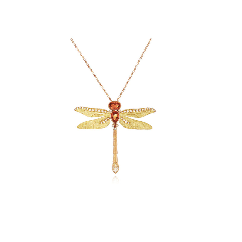 Dragonfly Pendant with Diamonds and Orange Sapphires