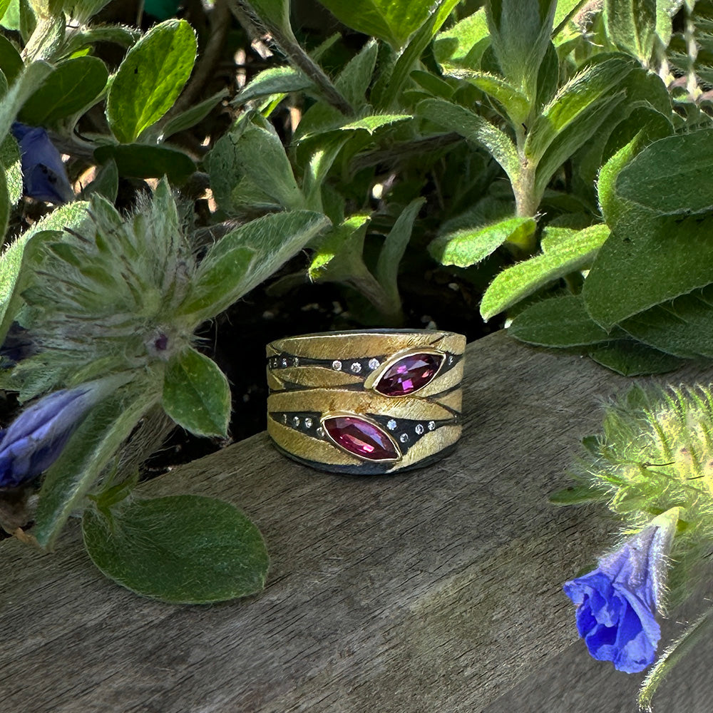"Stripes" Cigar Ring with 2 Marquise Rubies