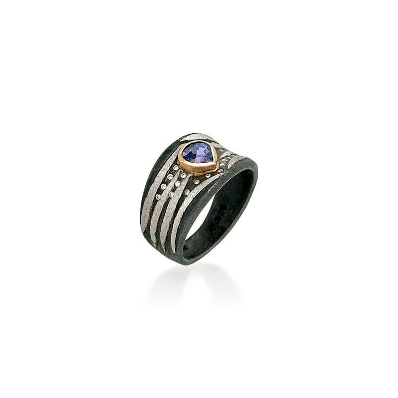 Stripes Ring with Pear Shaped Purple Sapphire and Diamonds