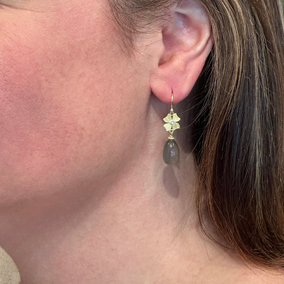 Grey Moonstone Drop Earrings with Diamonds