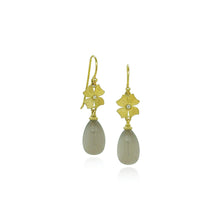 Grey moonstone drop earrings with 18k flower tops and a center diamond, 0.02 cttw. Earrings are 8 x 12mm ( 1 3/8" long x 5/16" wide) with French wires.
