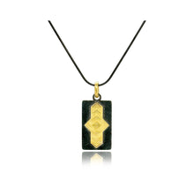 Oxidized sterling silver and 18k yellow gold "Arrow" tag pendant on an oxidized sterling silver chain. Chain is 18" long with a lobster clasp and arrow is 1 1/2" L x 5/8" W (38 x 15mm).