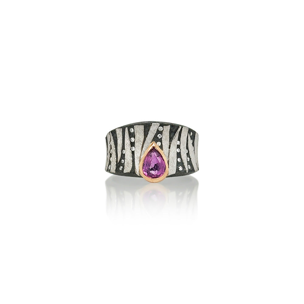 Cigar Band Ring with Pink Sapphire, Diamonds and Platinum Stripes