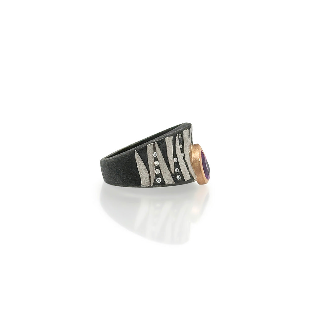 Cigar Band Ring with Pink Sapphire, Diamonds and Platinum Stripes