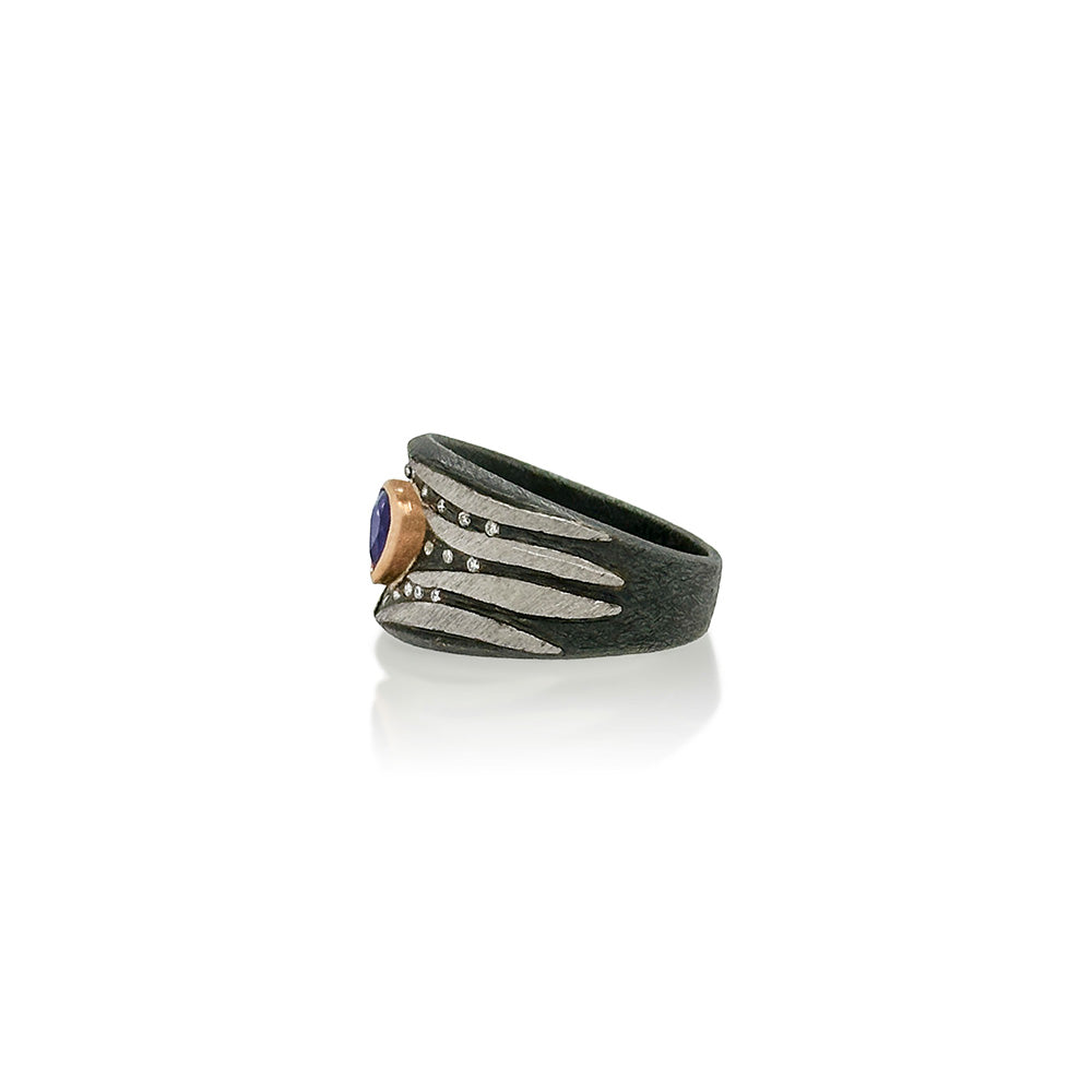 Stripes Ring with Pear Shaped Purple Sapphire and Diamonds