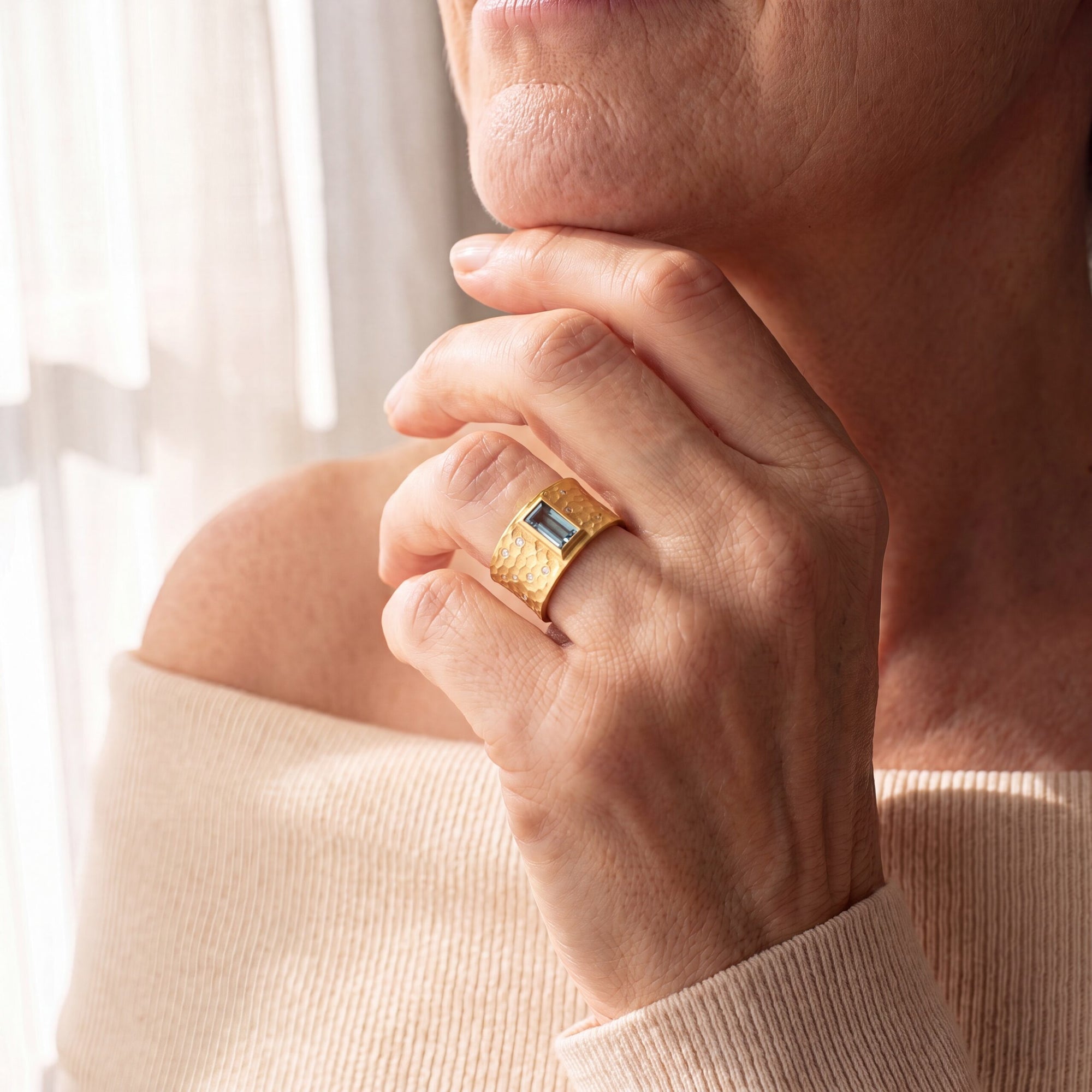 Carved Glacier Ring with Rectangular Aquamarine