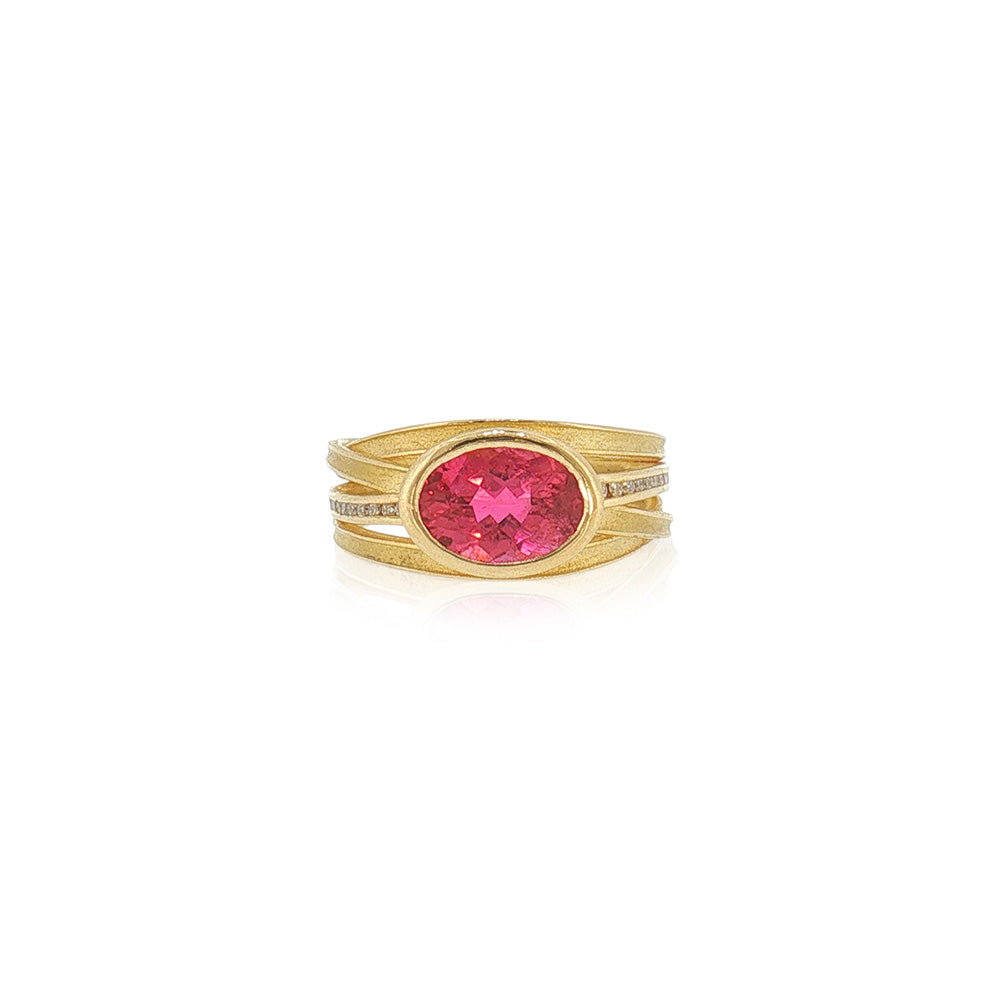 Two-Tiered 4 Ribbon Ring with Oval Pink Tourmaline and Channel-Set Diamonds