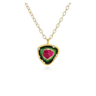 Watermelon tourmaline pendant, 13.62 cts, set in 18k yellow gold with eight scattered diamonds on bezel, 0.12 cttw. Pendant is 1" long x 7/8" wide (26 x 22mm) on a 18k yellow gold 17" long twisted wire cable chain.