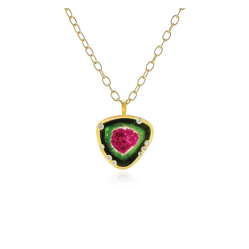 Watermelon Tourmaline Slice Pendant with Diamonds