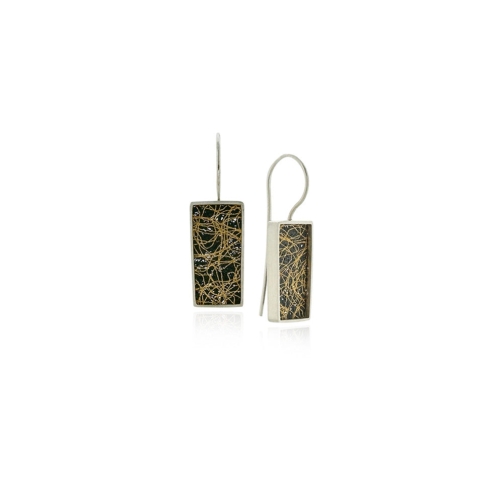 Medium drop frame earrings in sterling silver with hand fabricated oxidized silver mesh and gold squiggly accents, on stationary French wires. Earrings are 1 3/8" long x 3/8" wide (35 x 10mm).