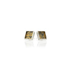 Small framed square studs in sterling silver and 24k yellow gold with hand fabricated oxidized silver mesh. Earrings are 7/16" (12mm).