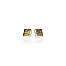 Small framed square studs in sterling silver and 24k yellow gold with hand fabricated oxidized silver mesh. Earrings are 7/16" (12mm).