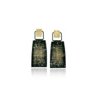 Hinged drop framed earrings in oxidized sterling silver with applied 18k yellow gold detail with studs with post backs, and hand fabricated mesh in oxidized silver and 24k yellow gold patchwork pattern. Earrings are 1 11/16" long x 11/16" wide.
