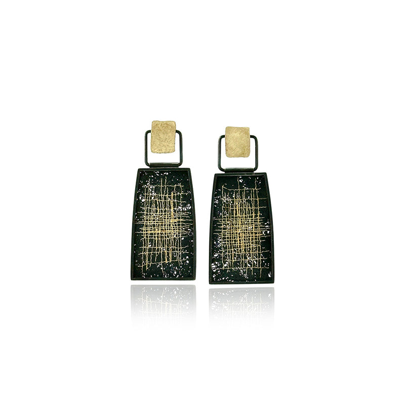 Hinged Drop Framed Earrings in Oxidized Sterling Silver and Gold