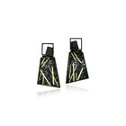 Trapazoidal hinged drop framed earrings with square oxidized silver studs and hinged trapezoids with hand fabricated mesh and 18k yellow gold lines, on posts. Earrings are 1 1/2" long x 13/16" wide (38 x 21mm).