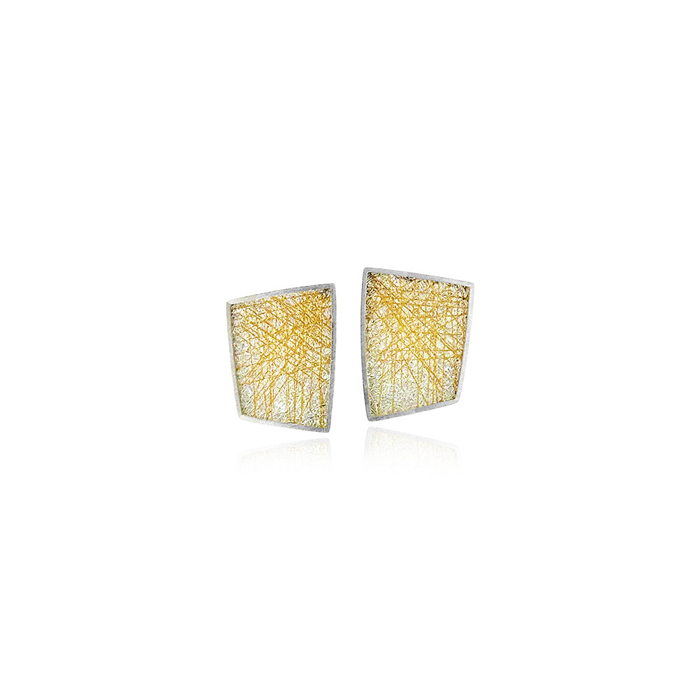 Large modified square earrings in sterling silver with gold wire detail on hand fabricated mesh, on posts. Earrings are 7/8" long x 5/8" wide (22 x 16 mm).