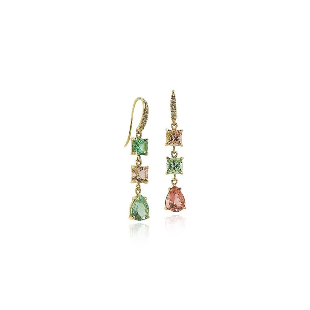 "Joyce" earrings with mixed-shape green and pink tourmalines, 4.25cttw., set in 18k yellow gold with pavé-set diamond French wires, 0.07cttw..