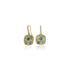 "Giselle" earrings in 18k yellow gold with spinels, .48cttw., sapphires, 1.02cttw., and aquamarines, .72cttw., with pavé-set diamond French wires, 0.07cttw.