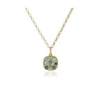 "Giselle" necklace with aquamarines, .26 ctttw, and blue sapphires, .38 cttw, on a 17" long 18k yellow gold chain with lobster clasp. 