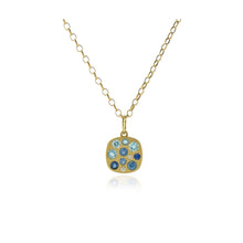 "Giselle" necklace with aquamarines, .26 ctttw, and blue sapphires, .38 cttw, on a 17" long 18k yellow gold chain with lobster clasp. 
