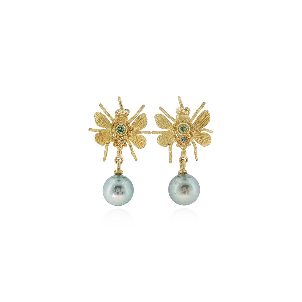 Textured Garden "Bird Bug" Drop Earrings with Green Diamonds and Tahitian Pearl Drops