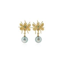 Textured Garden "Bird Bug" Drop Earrings with Green Diamonds and Tahitian Pearl Drops