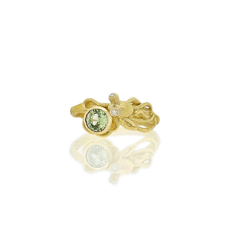 18K Octopus Ring with Green Sapphire and Diamonds