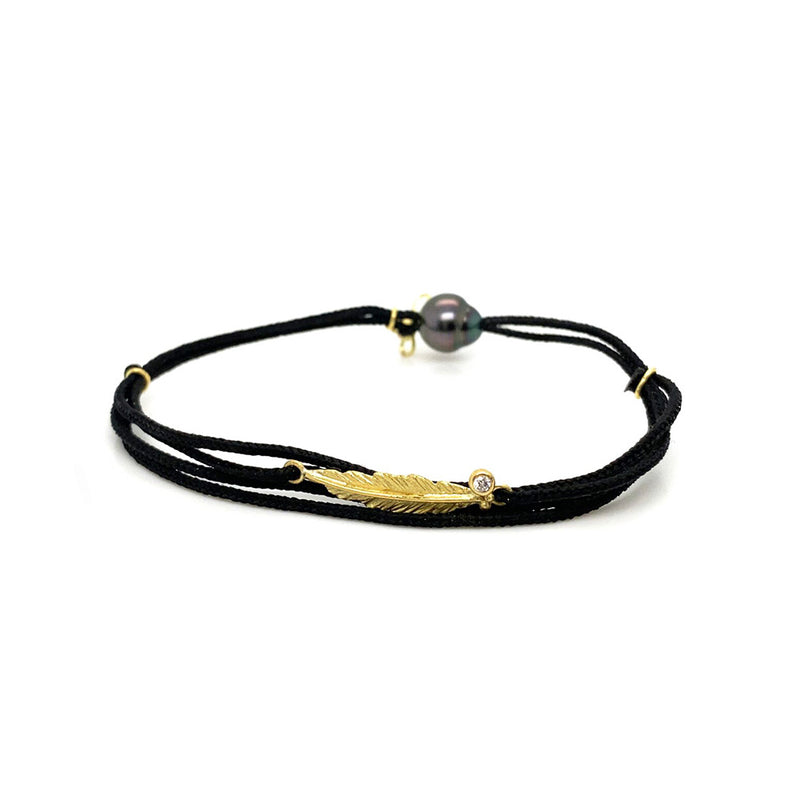 18K Leaf Bracelet on Black Cord with Tahitian Pearl
