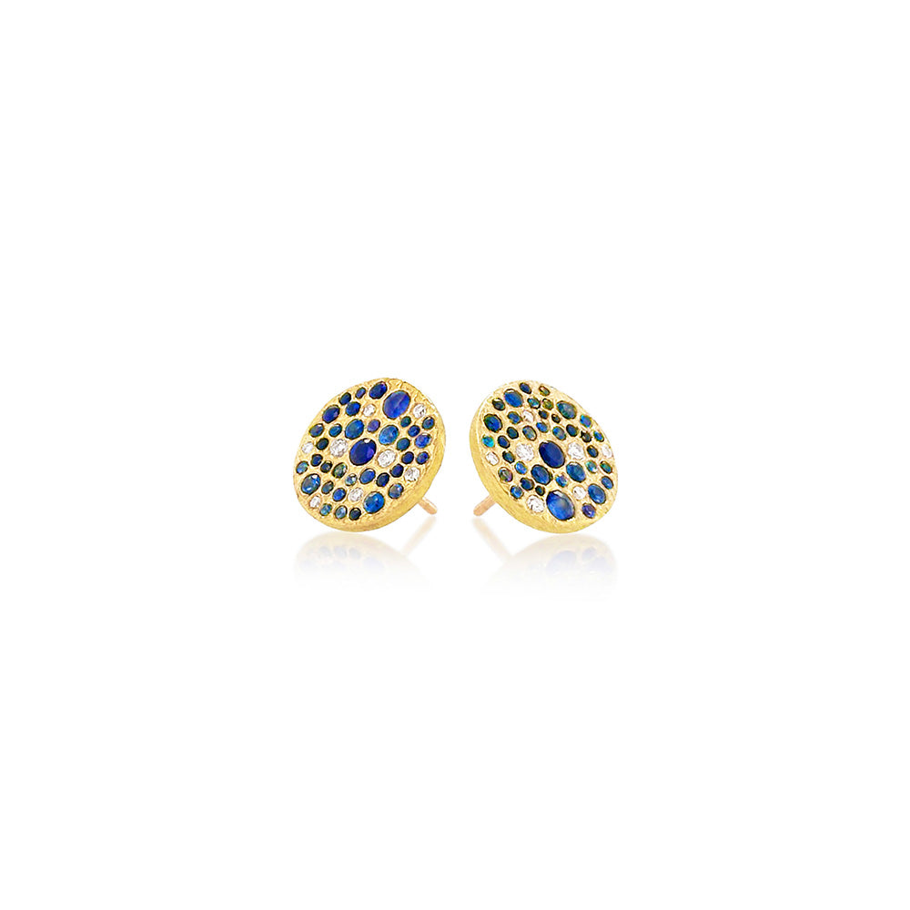 "Silk" Textured Disc Earrings with Blue Sapphires and Diamonds