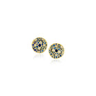 18k yellow gold "Silk" textured disc earrings with a variety of sizes and colors of blue sapphires and SI white diamonds on posts. 