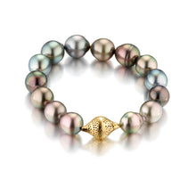 Black Tahitian pearl stretch bracelet with 18k gold crownwork finial