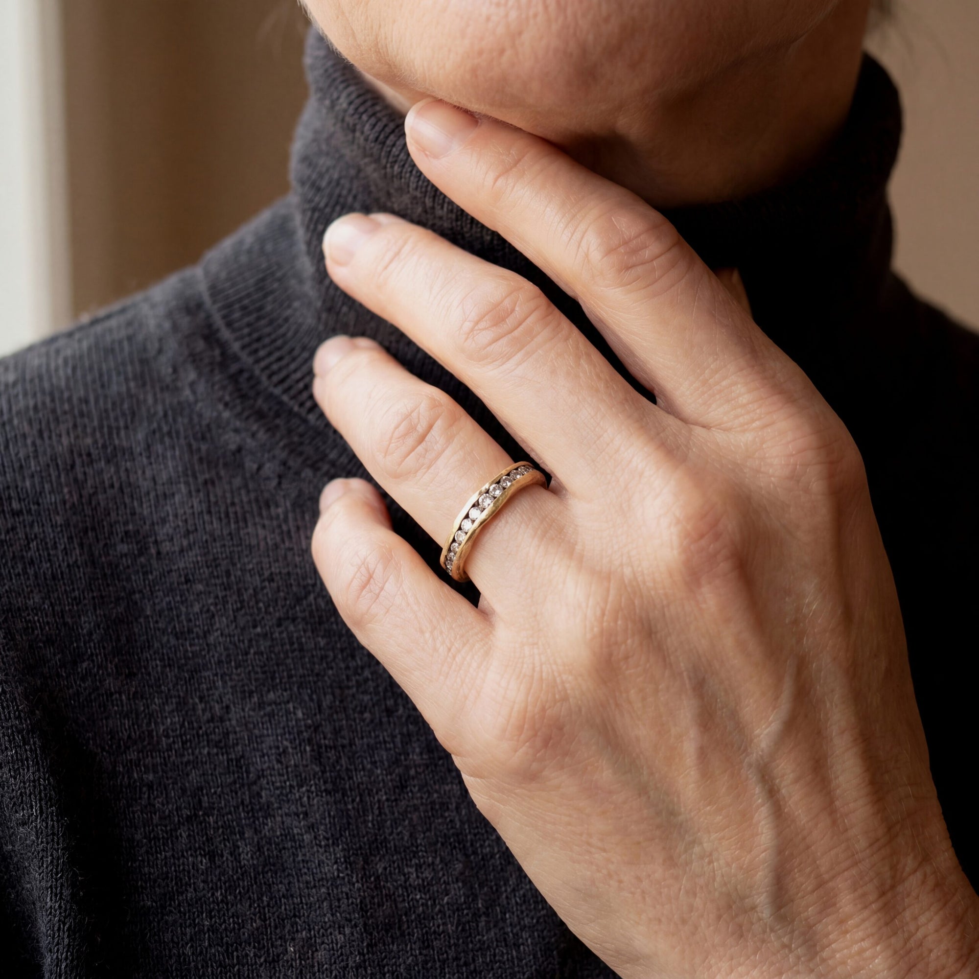 18k Yellow Gold Irregular Channel Ring with Diamonds