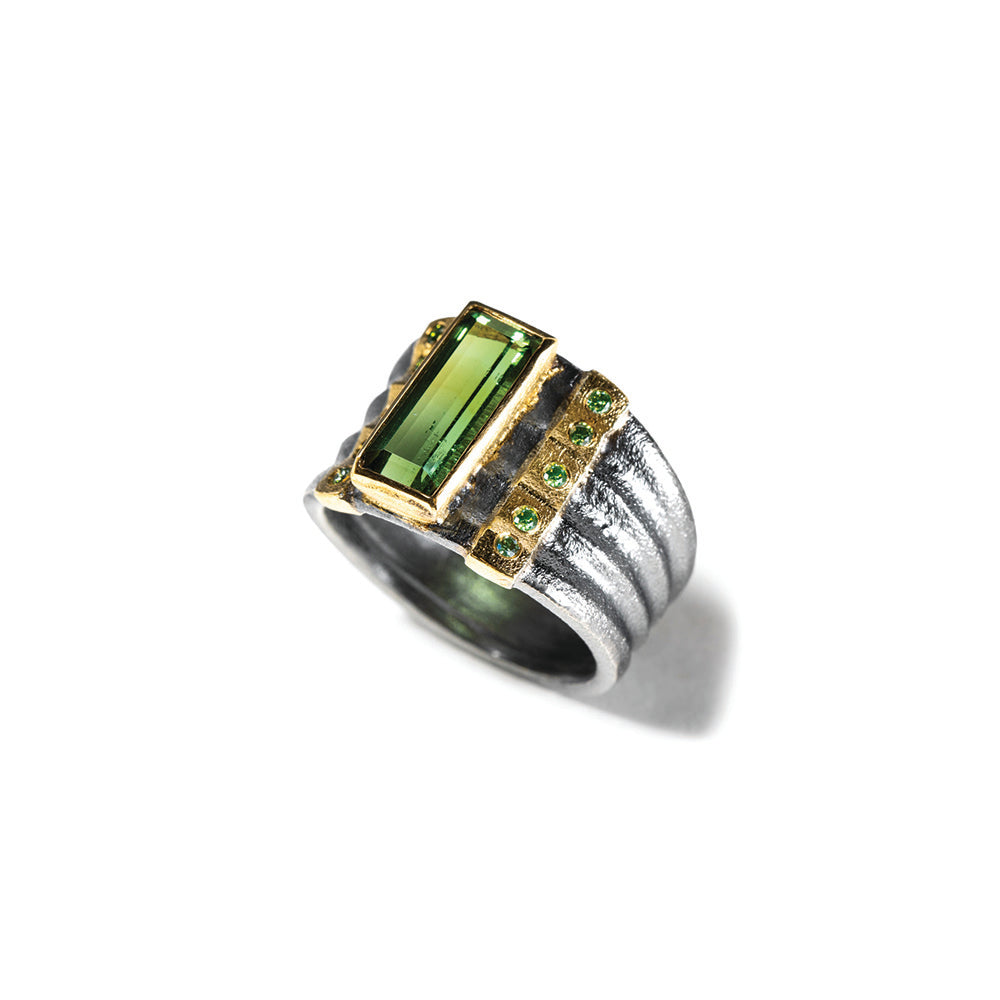 Emerald Cut green tourmaline ring with diamonds