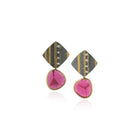 Sliced tourmaline earrings, 9.75cts, set in 18k yellow gold, hanging from sterling silver, 18k, 22k and 24k squares with white (G) diamonds, 0.08cttw, on posts. Earrings are 11/16" wide x 1 1/4" long (18mm x 32mm). 
