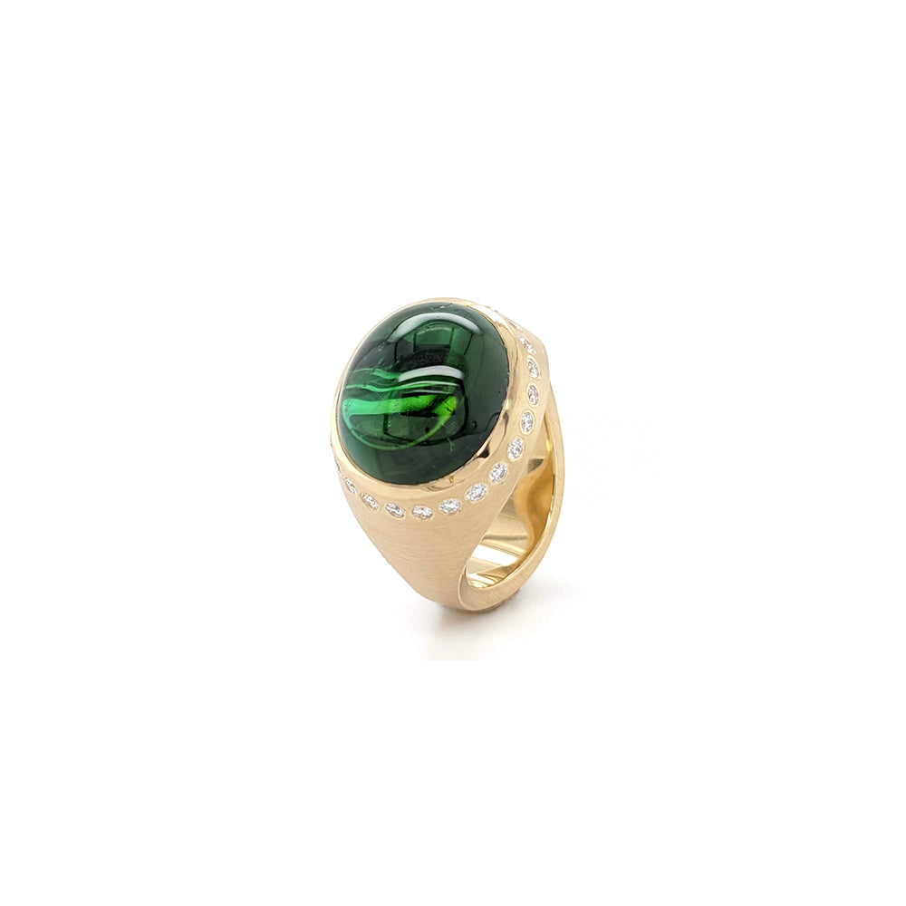 High Domed Radiant Green Tourmaline Ring with Diamond Surround